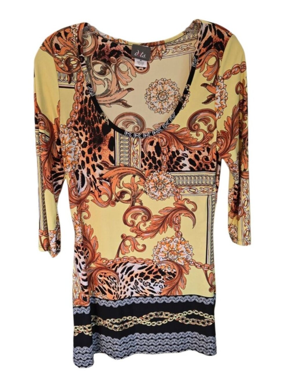 Status Print Sheath Dress Gold Chains Baroque Animal Print 3/4 Sleeve